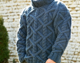 Cable Hand Knitted Wool Sweater, Blue Turtleneck jumper, Cable knit Sweater, Thick designer Jersey, by Extravagantza