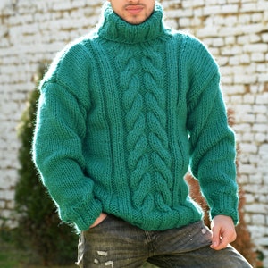 Hand Knitted Wool Sweater, Chunky Jumper, Designer Cable knit Turtleneck, Green Unisex Wool Pullover by Extravagantza image 6