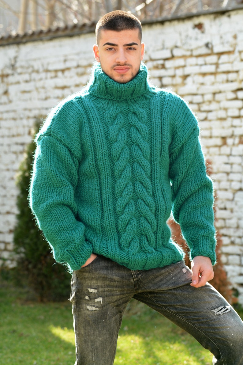 Hand Knitted Wool Sweater, Chunky Jumper, Designer Cable knit Turtleneck, Green Unisex Wool Pullover by Extravagantza image 6