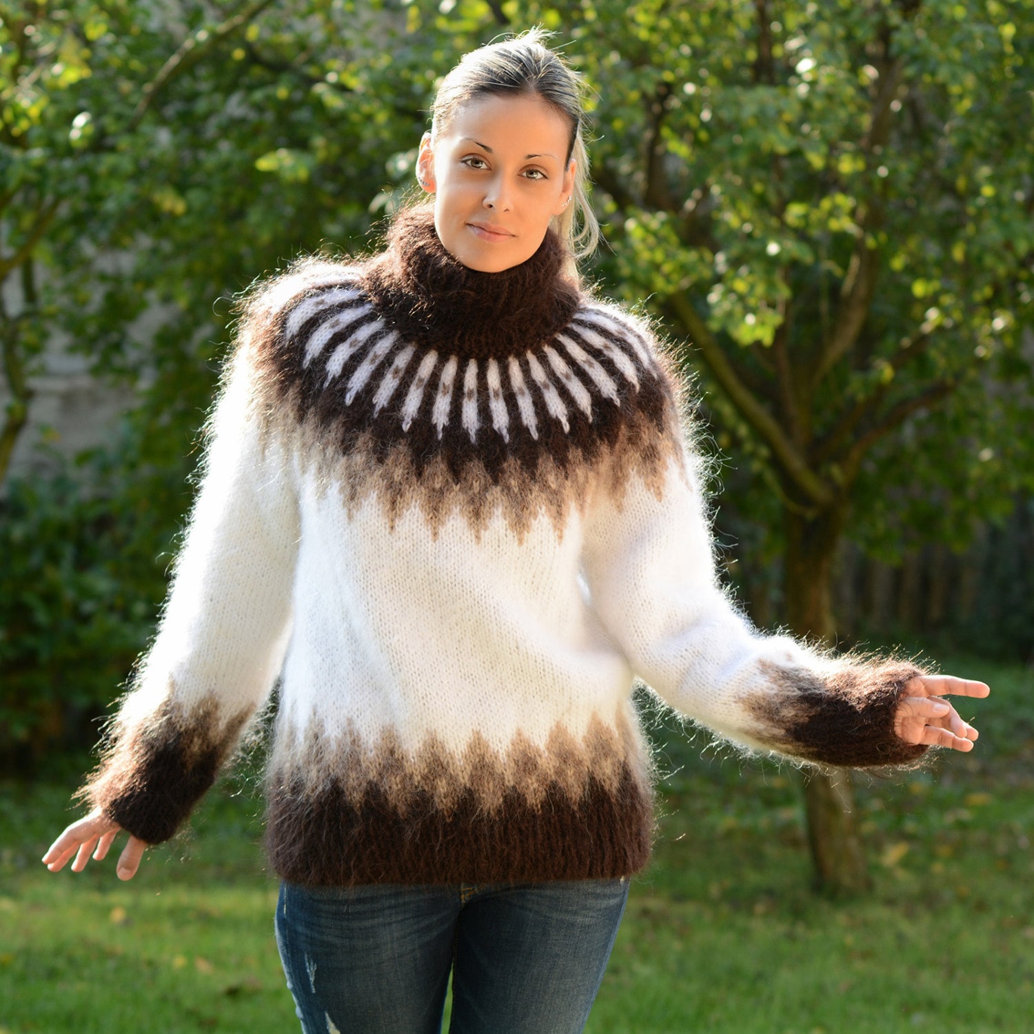 Hand Knit Mohair Icelandic Sweater Norwegian White Brown Fuzzy ...