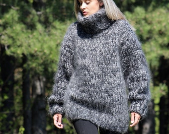 10 strands Hand Knit Mohair Sweater, Black and Gray Thick Turtleneck Pullover, Fuzzy Jumper  by EXTRAVAGANTZA