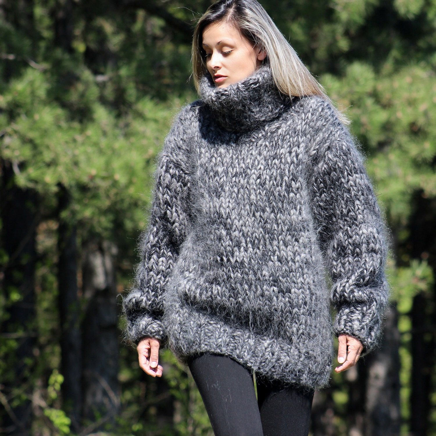 10 Strands Hand Knit Mohair Sweater Black and Gray Thick - Etsy