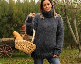 Hand Knit Mohair Sweater Dark Grey Fuzzy Turtleneck Jumper Pullover Jersey MADE to ORDER