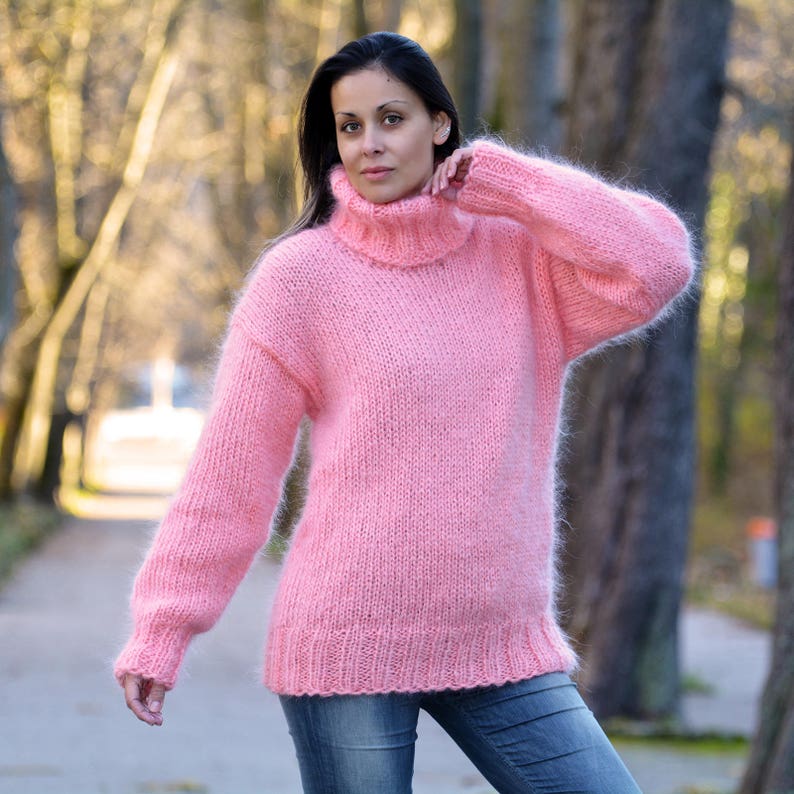 Designer Hand Knitted Mohair Sweater Pink Turtleneck Fuzzy | Etsy