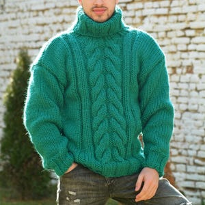 Hand Knitted Wool Sweater, Chunky Jumper, Designer Cable knit Turtleneck, Green Unisex Wool Pullover by Extravagantza