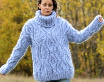 Mohair Sweater, Fuzzy Pullover, Cable Hand Knitted Light Blue color Turtleneck Jumper by Extravagantza