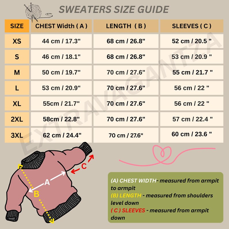 The image is a size guide for sweaters, providing measurements for different chest widths (A, B, C) and sleeve lengths (L, M, XS, S, M, L, XL, 2XL, 3XL). The guide also includes illustrations of a sweater and measurements for each chest width and sleeve length.