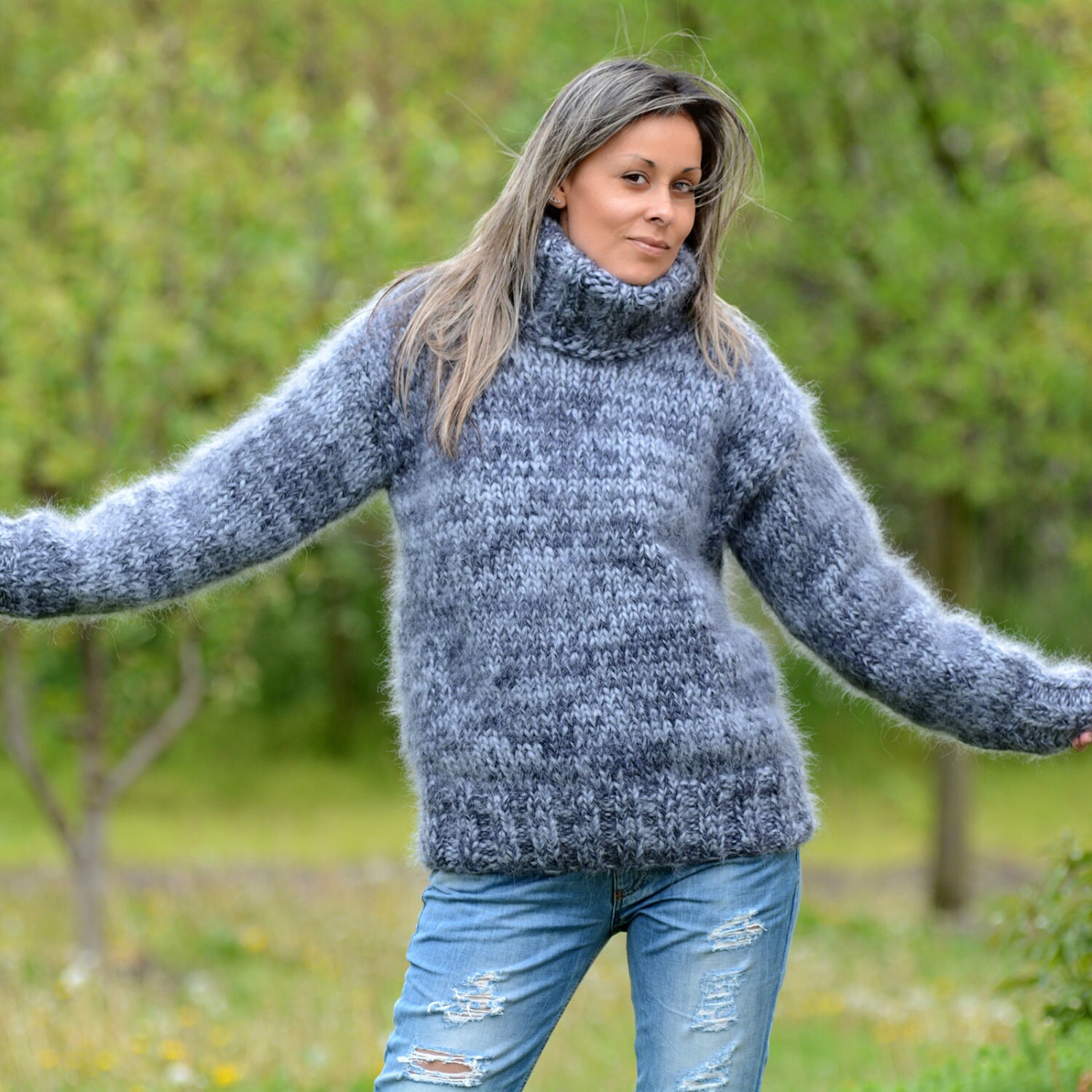 Hand Knitted Mohair Sweater, Turtleneck Jumper, Designer
