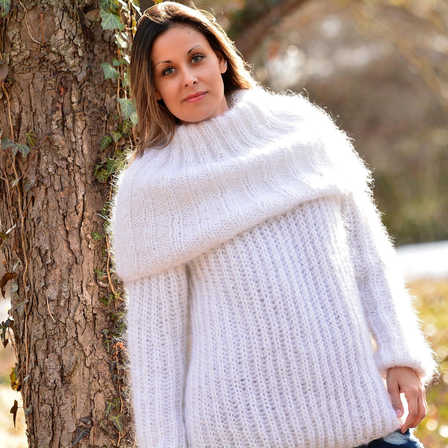 Hand Knitted Mohair Sweater White Cowl Neck Fuzzy Jumper - Etsy