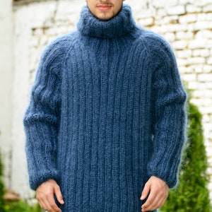Hand Knitted Mohair Sweater, Ribbed Navy Blue Designer Turtleneck, Fuzzy Jumper, Blue Men Pullover by Extravagantza READY to SHIP image 2