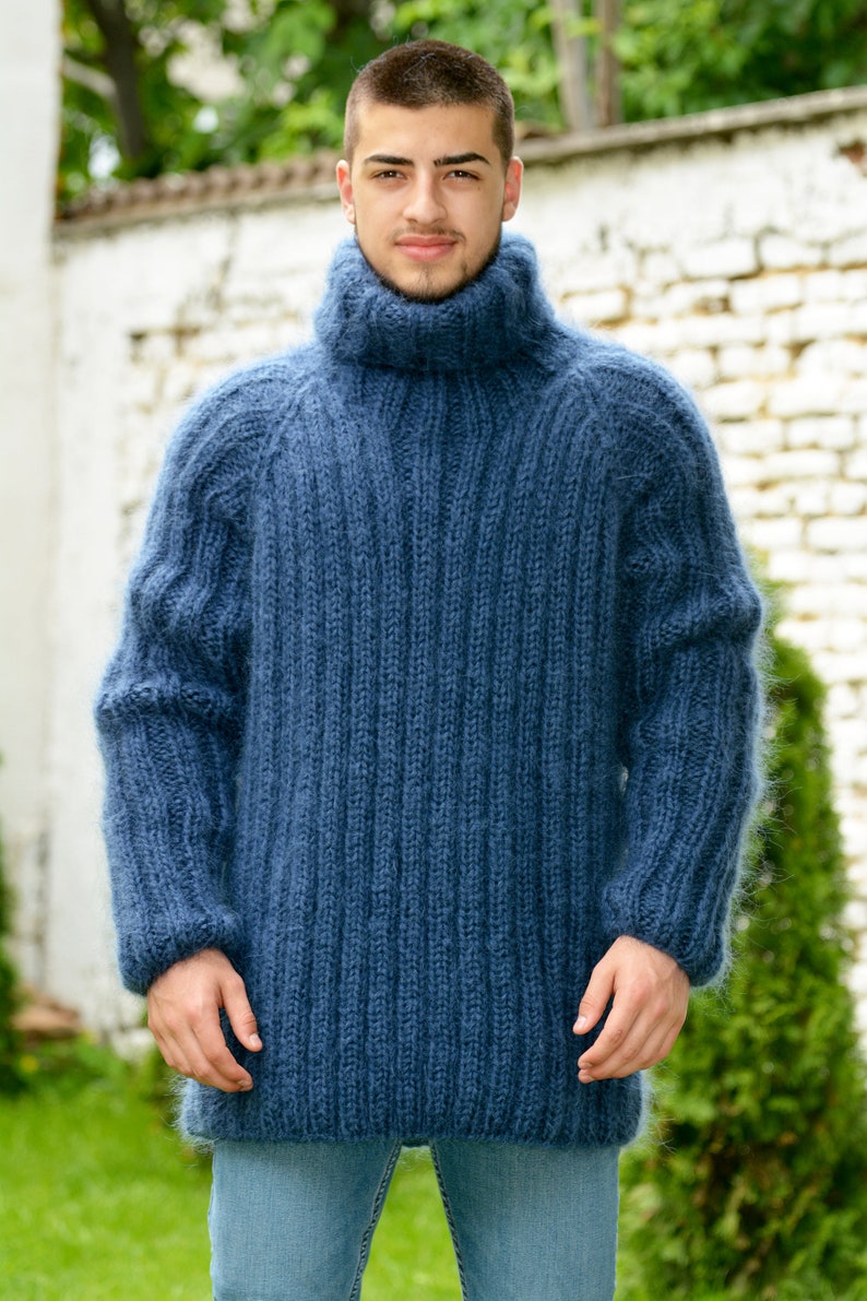 Hand Knitted Mohair Sweater, Ribbed Navy Blue Designer Turtleneck, Fuzzy Jumper, Blue Men Pullover by Extravagantza READY to SHIP image 2