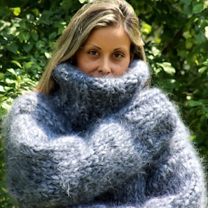 Hand Knit Mohair Sweater, Gray Turtleneck Jumper,10 strands Mohair Pullover for Men, Custom Made by EXTRAVAGANTZA Sweaters