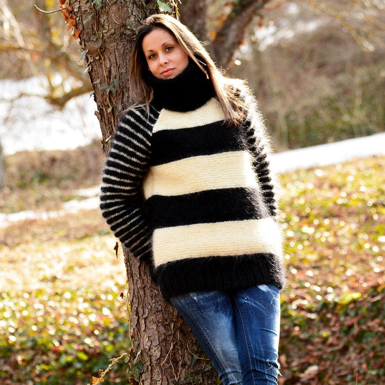 Hand Knit Mohair Sweater Black White Stripes Fuzzy Turtleneck - Etsy