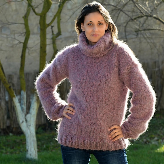 Hand Knitted Mohair Wool Sweater Dark Pink Fuzzy Turtleneck Jumper