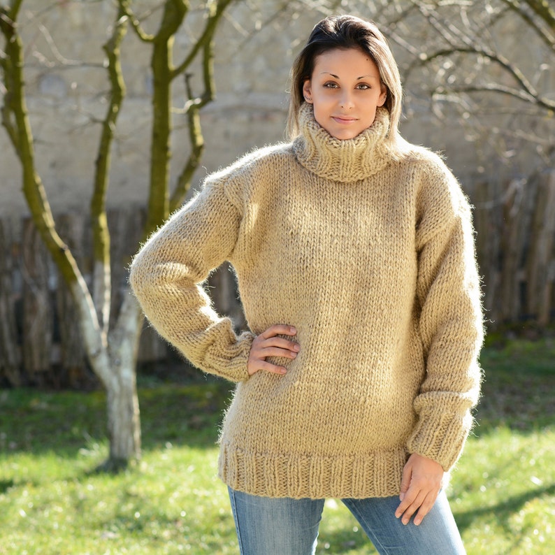 Hand Knitted Pure Wool Sweater Beige Soft Turtleneck Jumper - Etsy