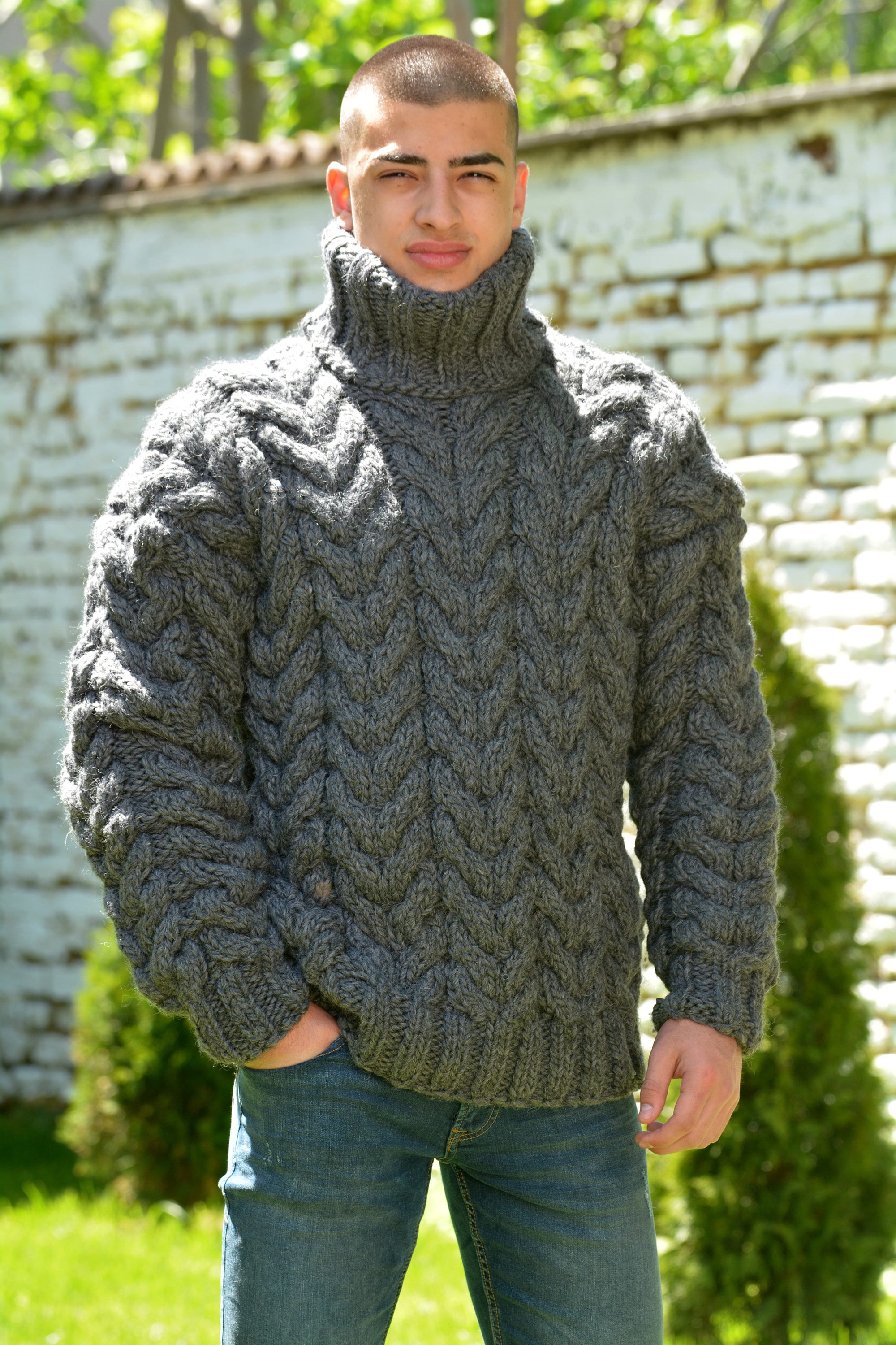 Designer Hand Knitted Wool Sweater Thick Cable Dark Grey Mix