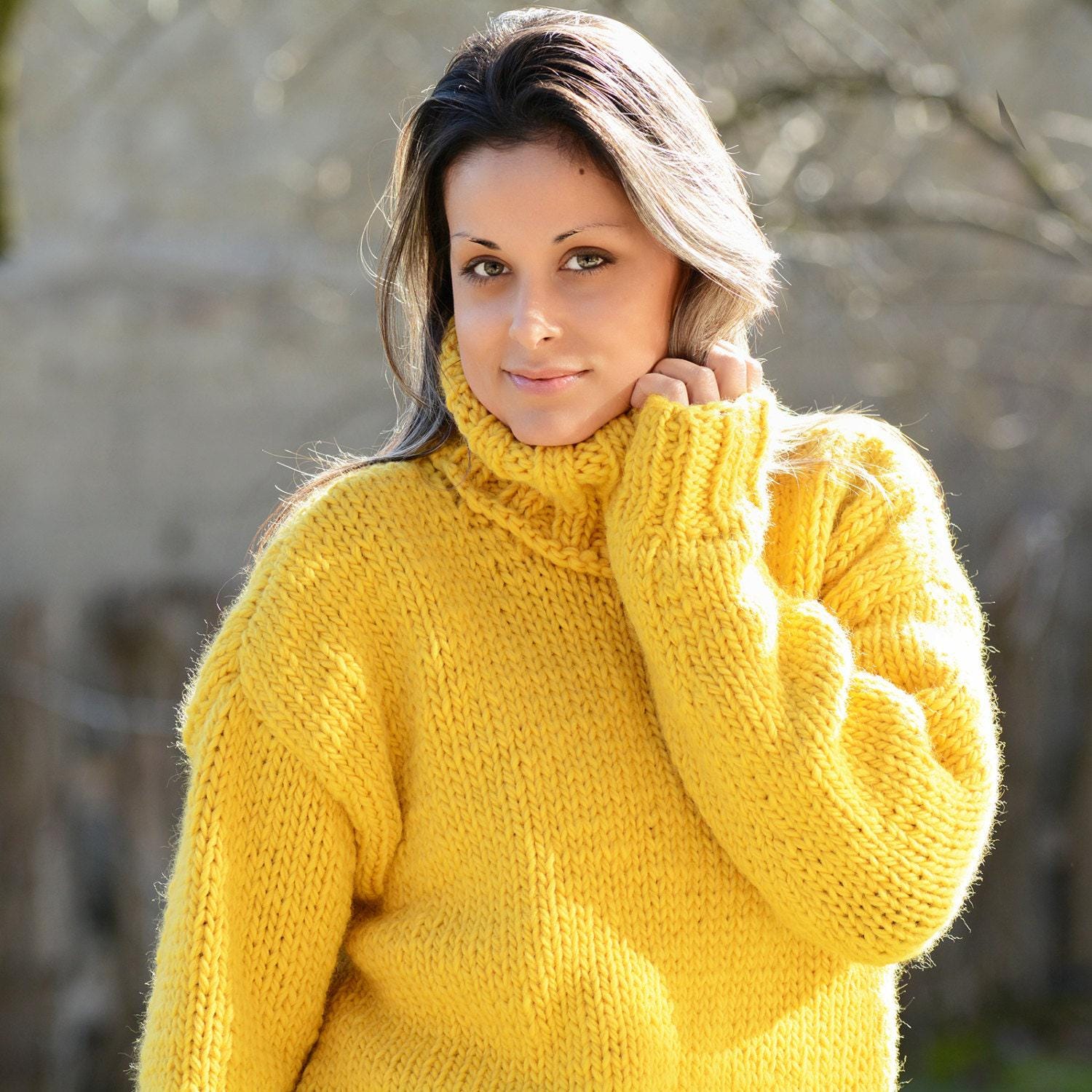 Hand Knitted Pure Wool Sweater Yellow Soft Turtleneck Jumper