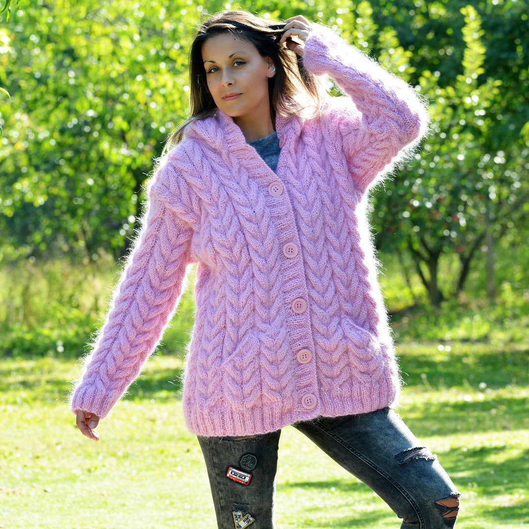 Pink Mohair Cardigan, Hooded Thick Sweater, Fuzzy and Fluffy Cable Hand