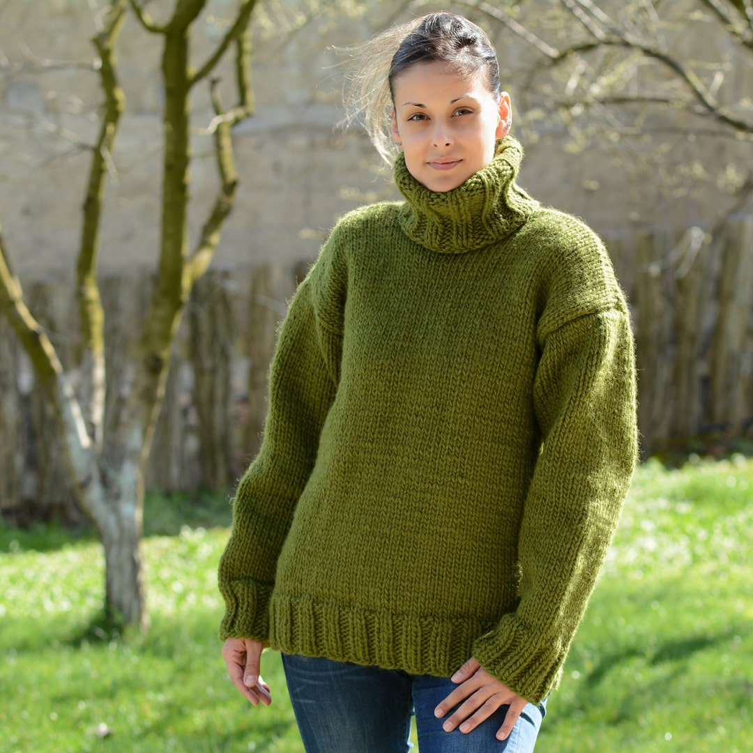 Hand Knitted Pure Wool Sweater Green Soft Turtleneck Jumper - Etsy