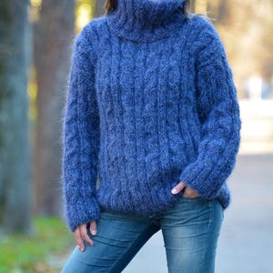 Mohair Cable Sweater, Designer Grey Turtleneck jumper, Fuzzy hand knitted Pullover