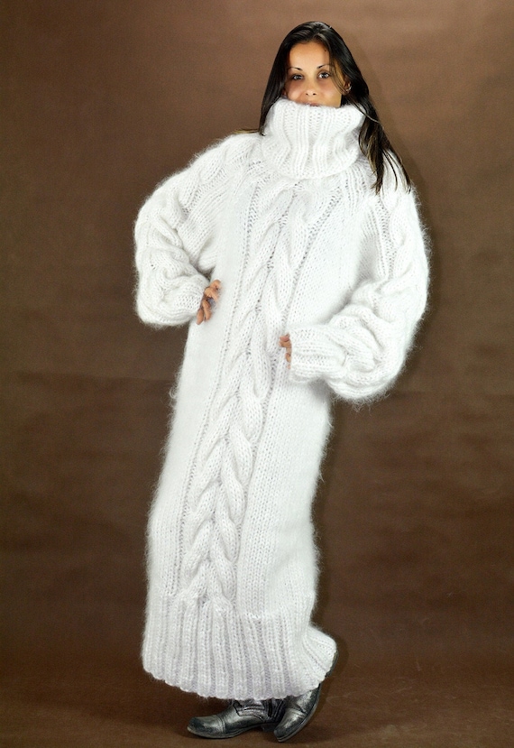 Hand Knitted Mohair Dress White Fuzzy Fetish Jersey Massive Turtleneck Cable Knit Designer Sweaterby Extravagantza Etsy