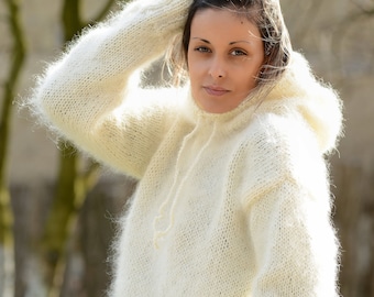 Suéter blanco de mohair tejido a mano, jersey con capucha afelpado