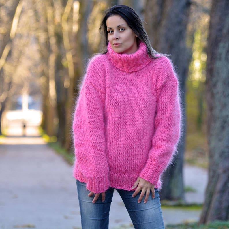 Designer Hand Knitted Mohair Sweater Salmon Pink Turtleneck | Etsy