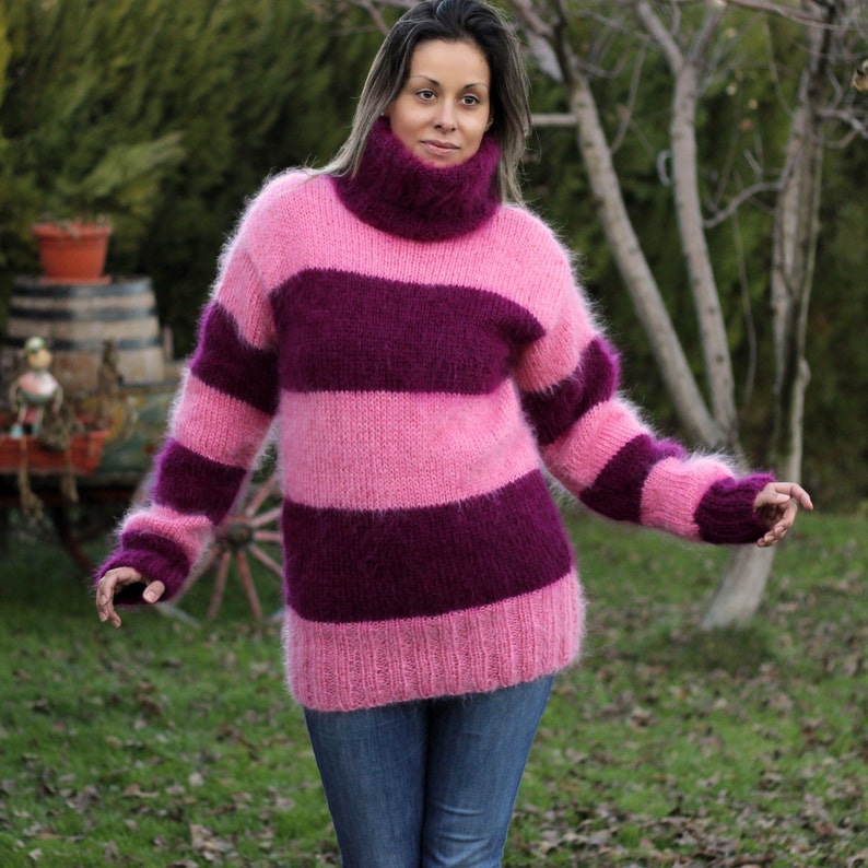 Hand Knit Mohair Sweater PINK LILAC Fuzzy Turtleneck Jumper | Etsy
