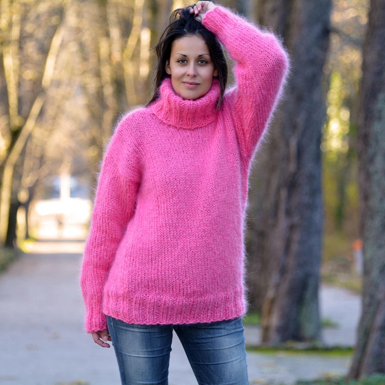 Designer Hand Knitted Mohair Sweater Salmon Pink Turtleneck | Etsy