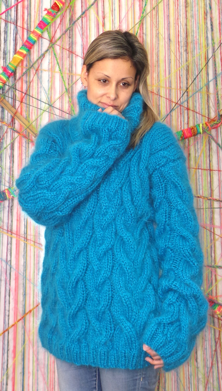 Hand Knit Mohair Sweater Cable Blue Fuzzy Turtleneck Jumper | Etsy