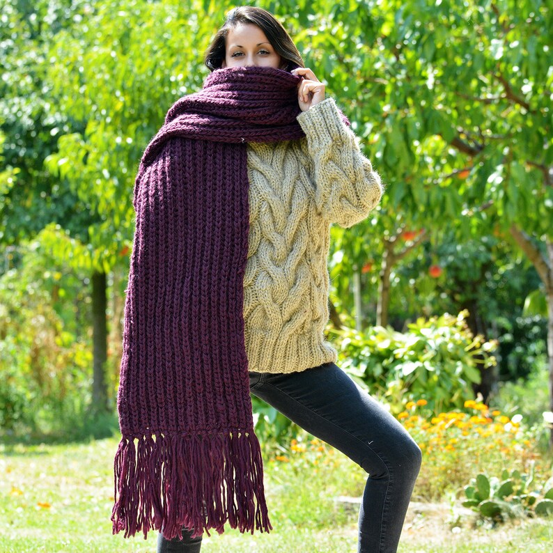 Hand Knitted Scarf 100 Wool Wrap Knit Dark Fuchsia Chunky Etsy