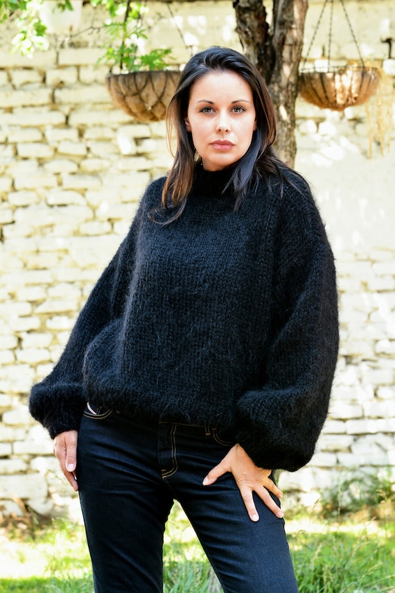 Designer Hand Knitted Mohair Sweater Oversized Crew neck Fuzzy Black Jumper Balloon Sleeves Boho Women Jersey Extravagantza READY to SHIP
