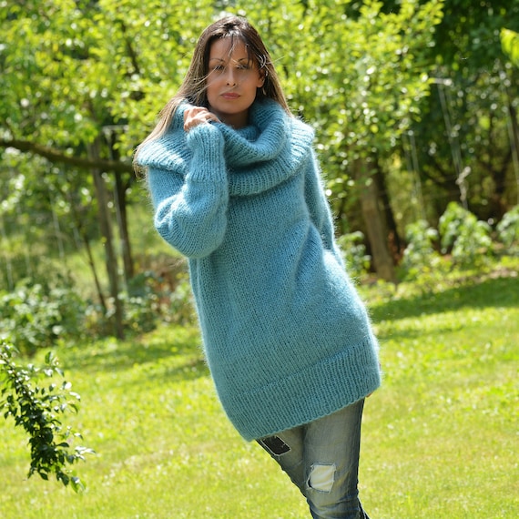 Designer Hand Knitted Mohair Sweater Turtleneck Blue Fuzzy | Etsy