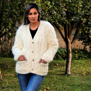 Hand Knitted Mohair Cardigan White Cable Fuzzy Sweater Coat Jumper Jersey Jacket 2 pockets MADE to ORDER by Extravagantza image 2