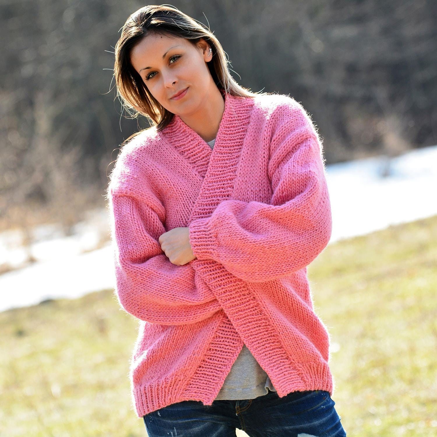 Designer Hand Knitted 100% Wool Cardigan Oversize Pink - Etsy