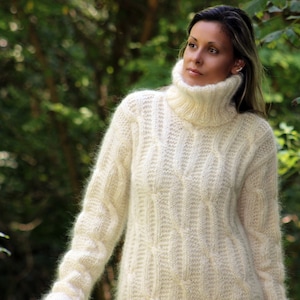 Hand Knit Mohair Dress, Long White Fuzzy Fetish Sweater, Boho Jersey Turtleneck by Extravagantza MADE to ORDER
