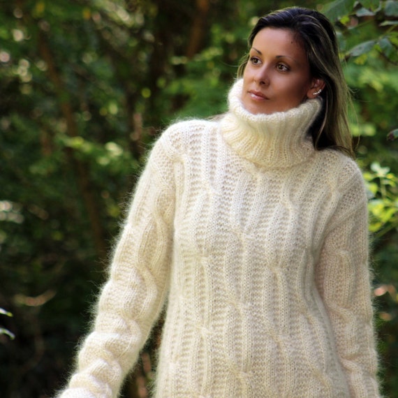 Hand Knitted Mohair Dress Long White Fuzzy Fetish Sweater Boho | Etsy