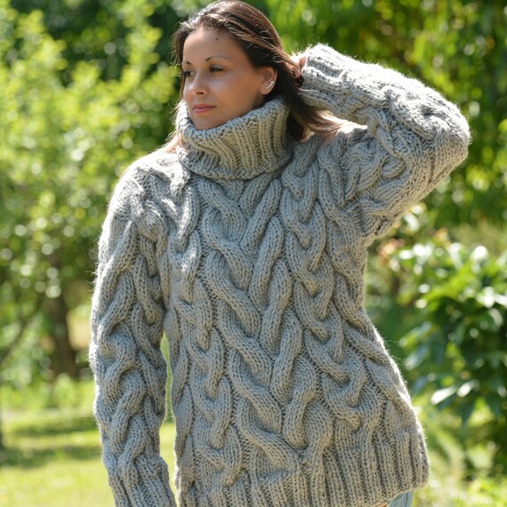 Designer Cable Hand Knitted 100% Wool Turtleneck Sweater Light | Etsy