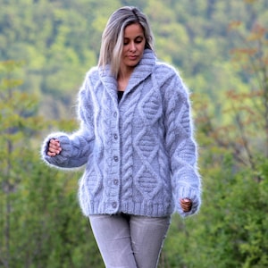 Hand Knit Mohair Cardigan Shawl Collar Thick Fuzzy Coat Fluffy Cable Mix  Sweater Jacket by EXTRAVAGANTZA