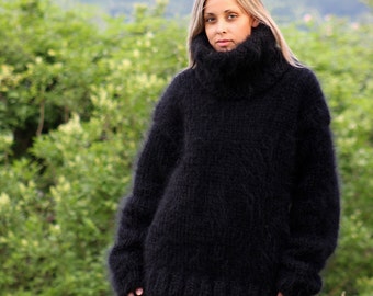 10 strands Hand Knitted Mohair Sweater, Black Thick Turtleneck Jumper, Pullover by EXTRAVAGANTZA
