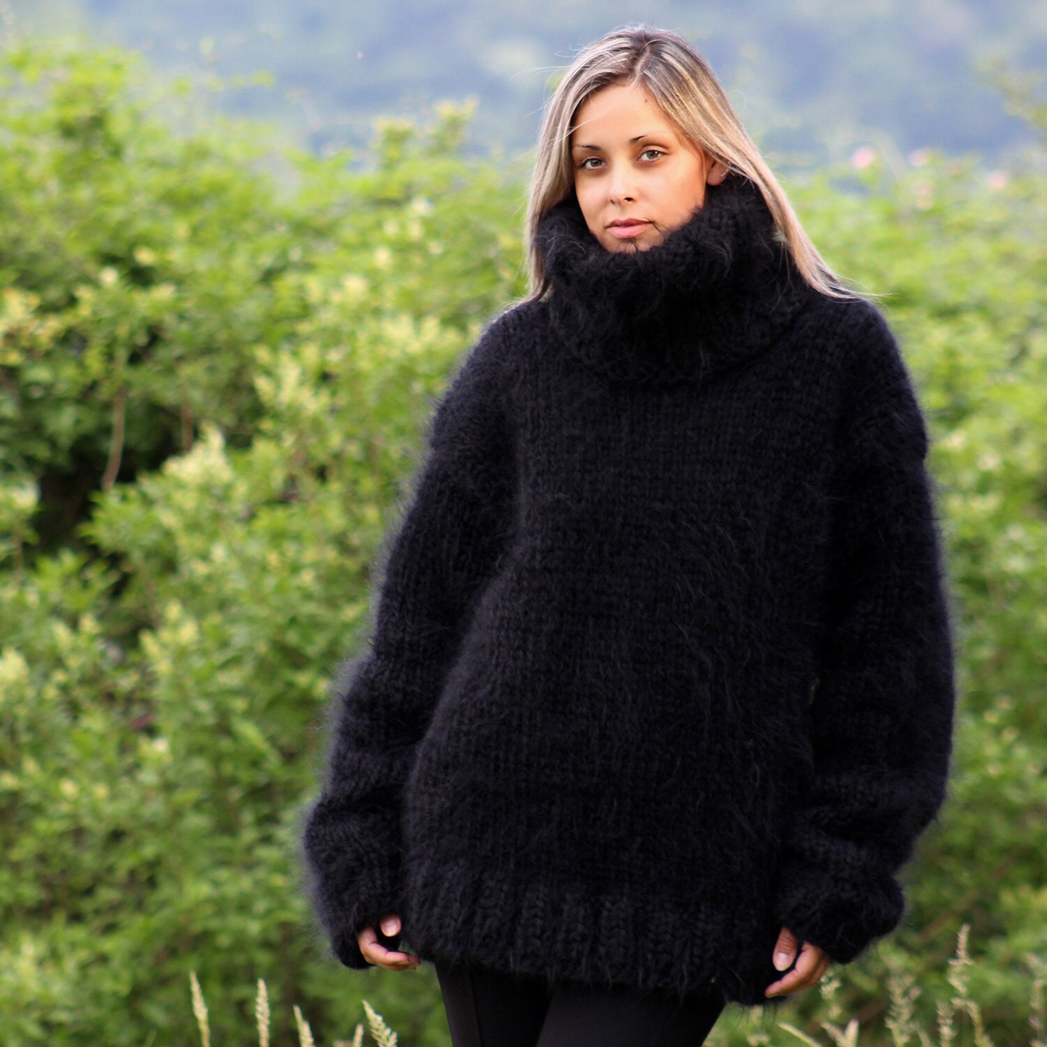 10 Strands Hand Knitted Mohair Sweater Black Thick Turtleneck - Etsy