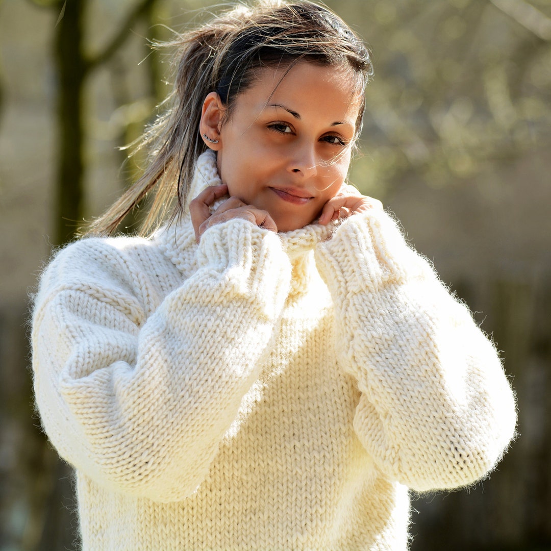Hand Knitted Wool Sweater, White Soft Designer Turtleneck