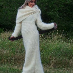 MADE to ORDER  Fluffy Thick Hand Knit Sweater Fuzzy Mohair Double Collar Cowl neck Dress Fuzzy White Turtleneck White or Choose a Color