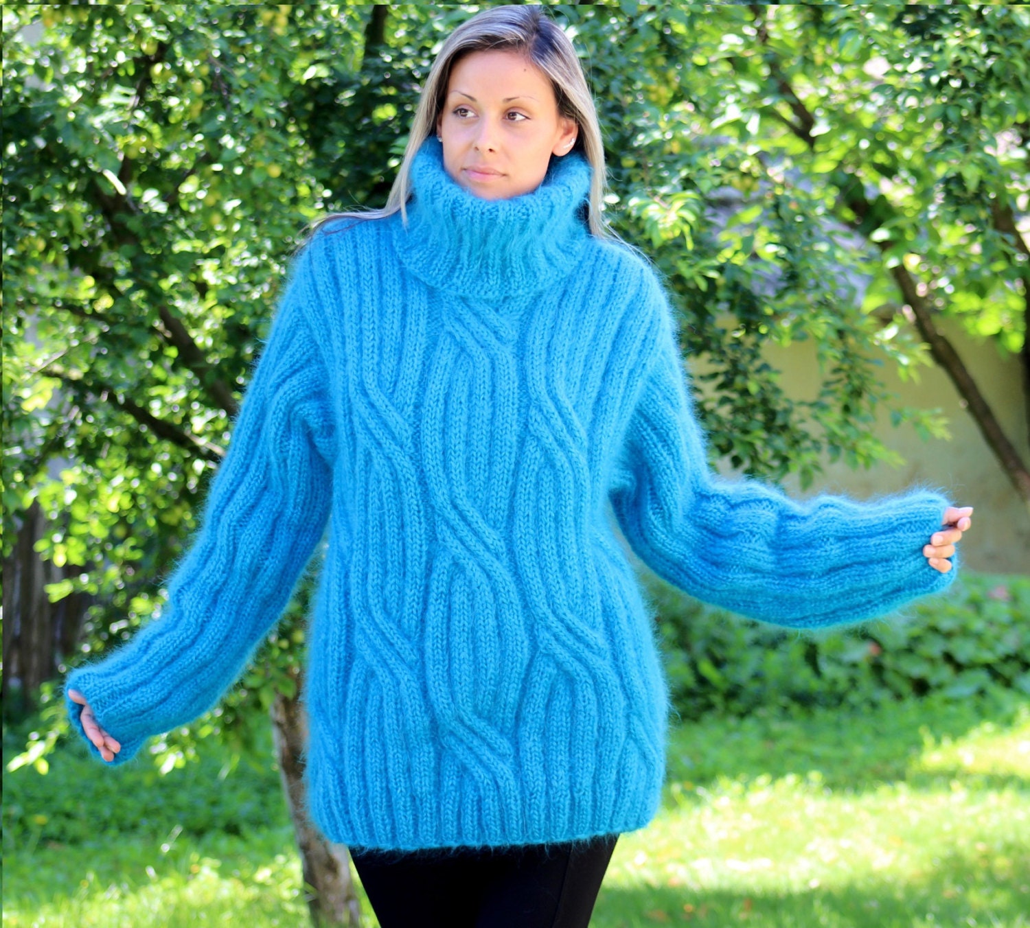 Hand Knit Mohair Sweater Cable BLUE 