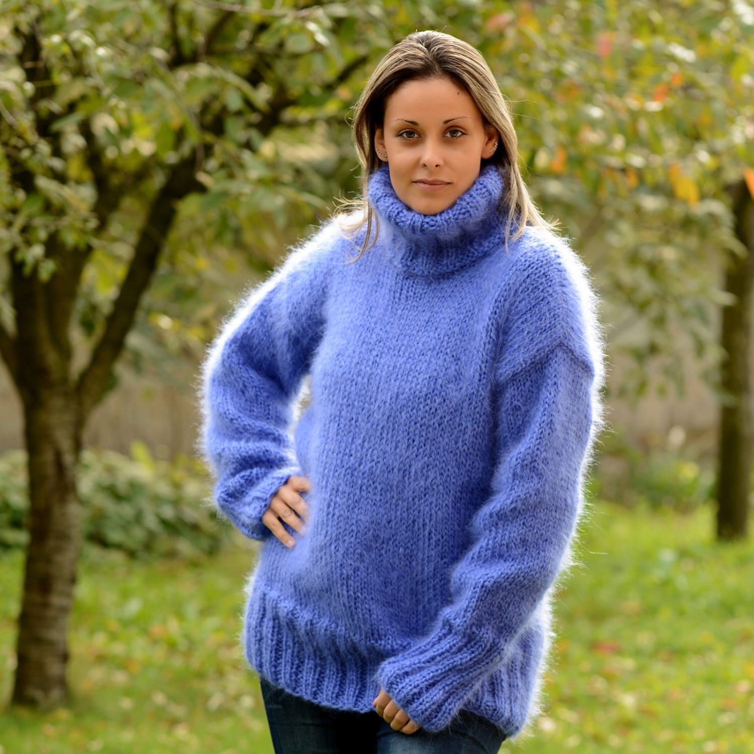 Hand Knit Mohair Sweater Blue Fuzzy Turtleneck Jumper Pullover - Etsy