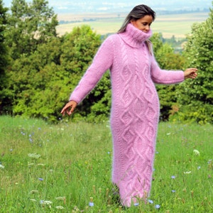 Hand Knitted Mohair Dress PINK Fuzzy Fetish Jersey Massive Long Turtleneck Sweater by EXTRAVAGANTZA