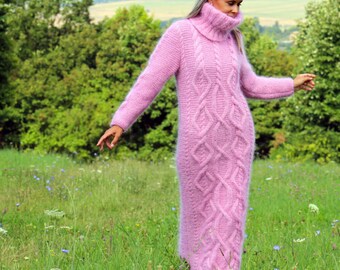 Hand Knitted Mohair Dress PINK Fuzzy Fetish Jersey Massive Long Turtleneck Sweater by EXTRAVAGANTZA