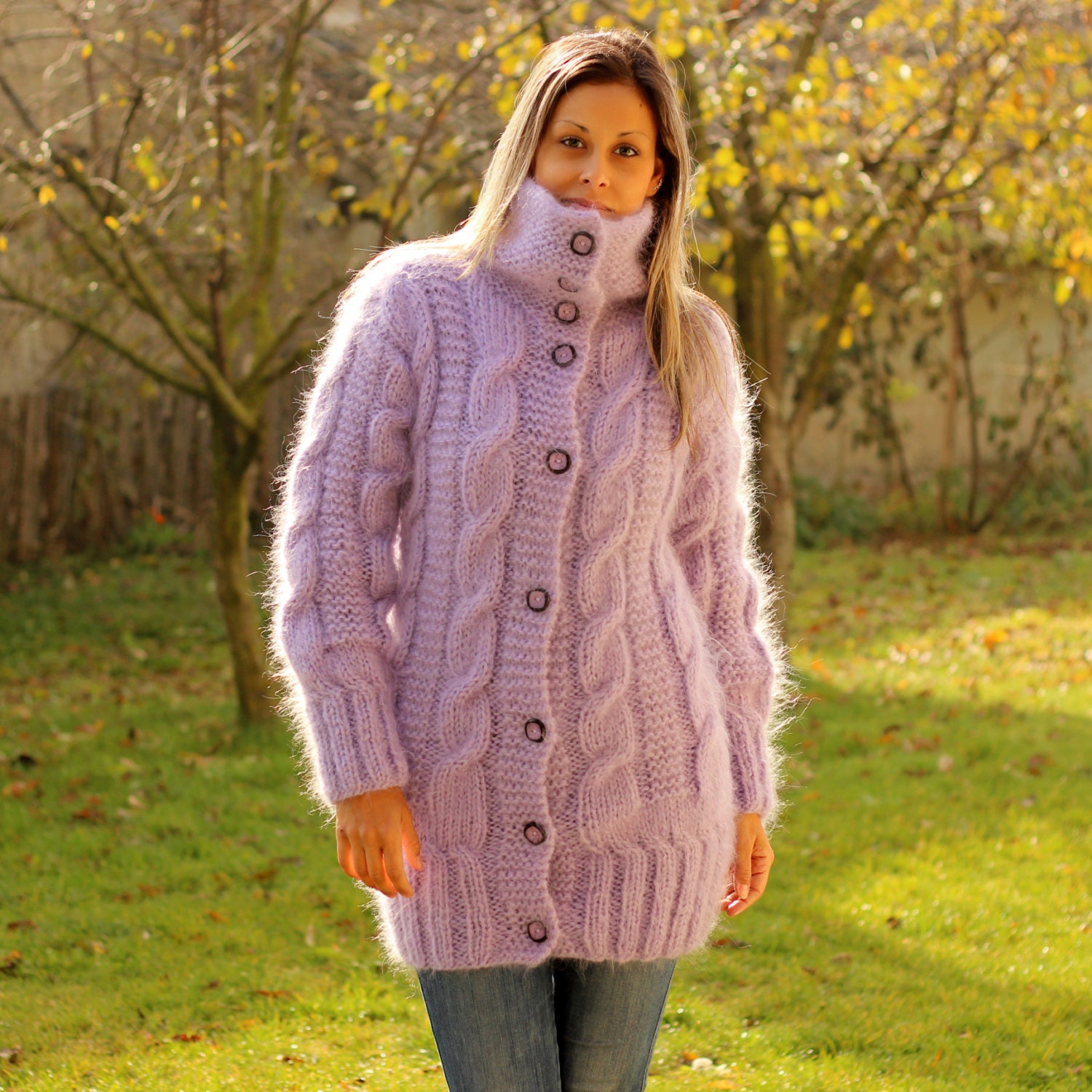Hand Knit Mohair Cardigan Shawl Collar Thick Fuzzy Coat Fluffy 