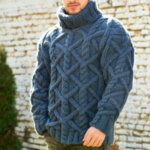 Cable Hand Knitted Wool Sweater, Blue Turtleneck jumper, Cable knit Sweater, Thick designer Jersey, by Extravagantza