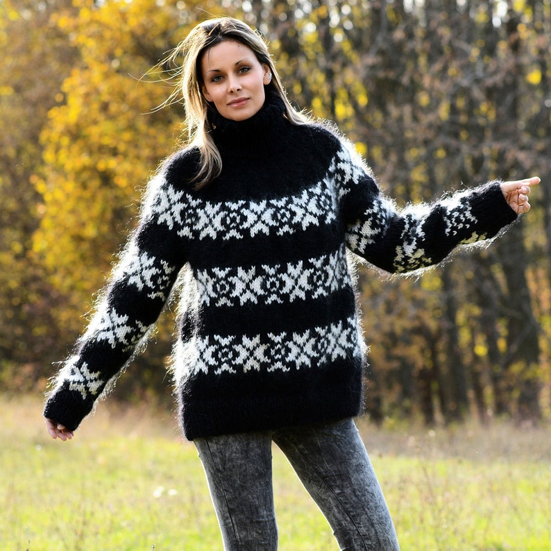 Hand Knit Mohair Sweater Icelandic Norwegian Black and White | Etsy